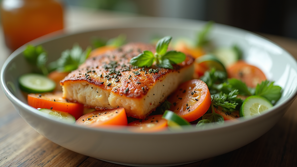 Close-up view of a balanced meal with vegetables and lean protein