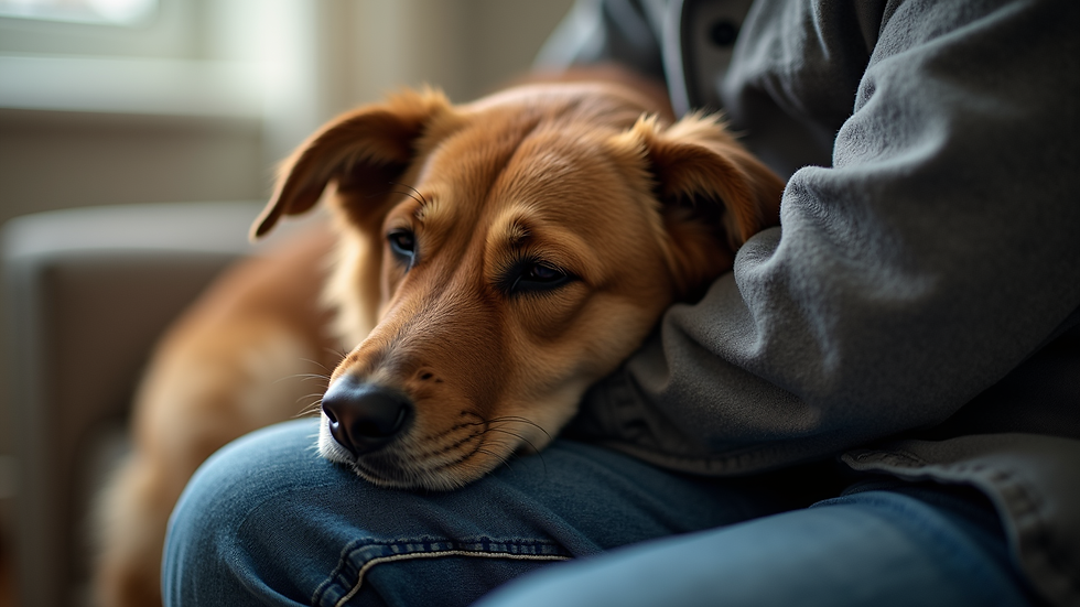 Close-up view of a service dog resting its head gently on a veteran’s lap