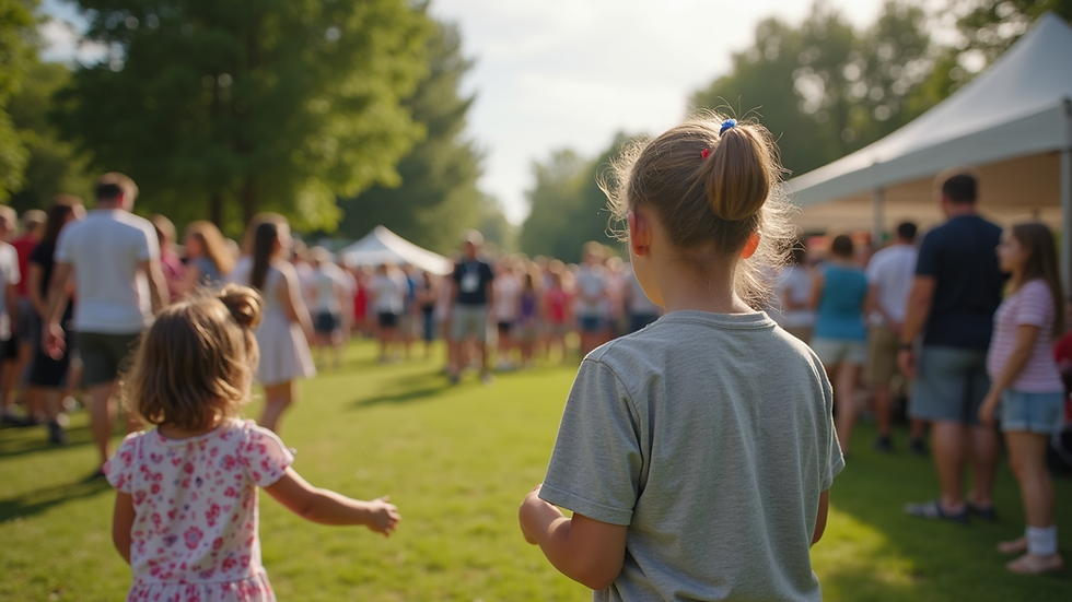 Wide angle view of a community event with veterans and families engaging outdoors