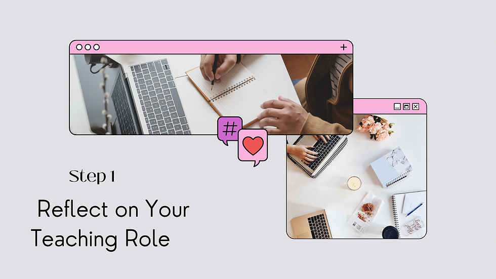 Hands writing in a notebook, using a laptop. Workspace with flowers, notebooks, and coffee. Pink browser outlines. Text: Step 1, Reflect.