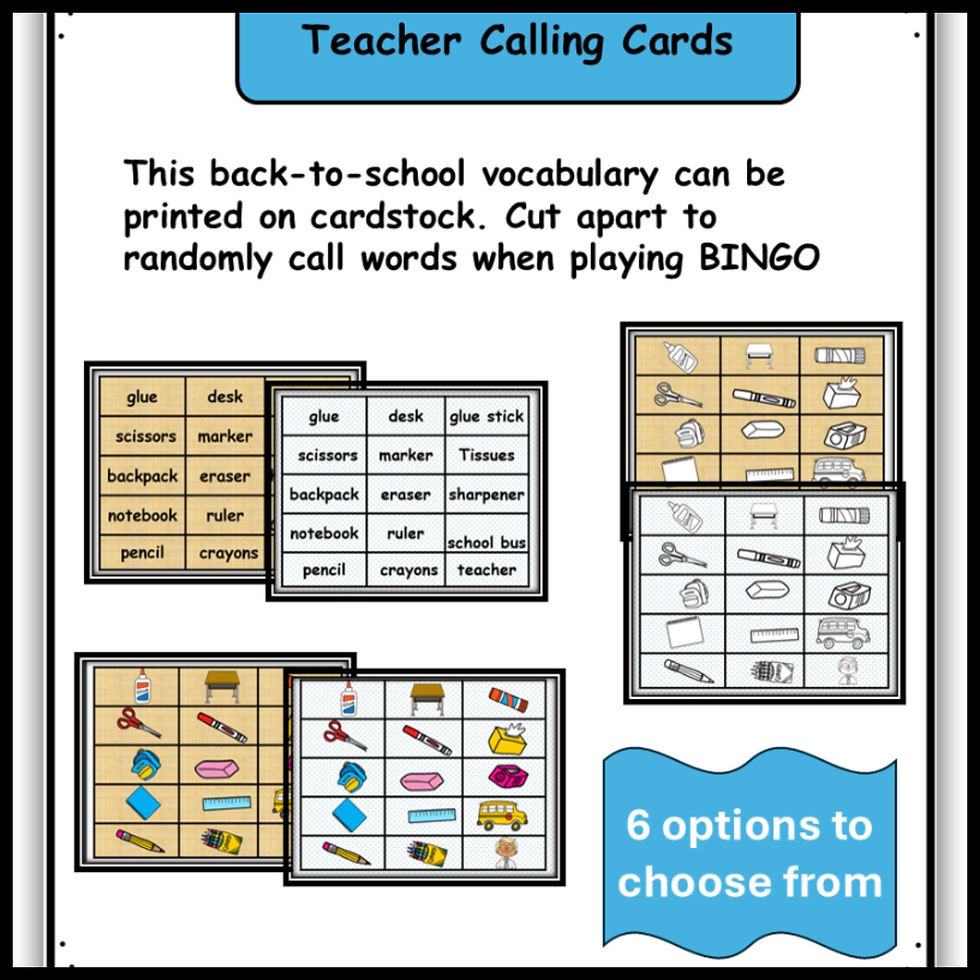 Teacher Calling Cards for vocabulary BINGO. Images and words of school items like glue, desk, and scissors. Text says 6 options available.