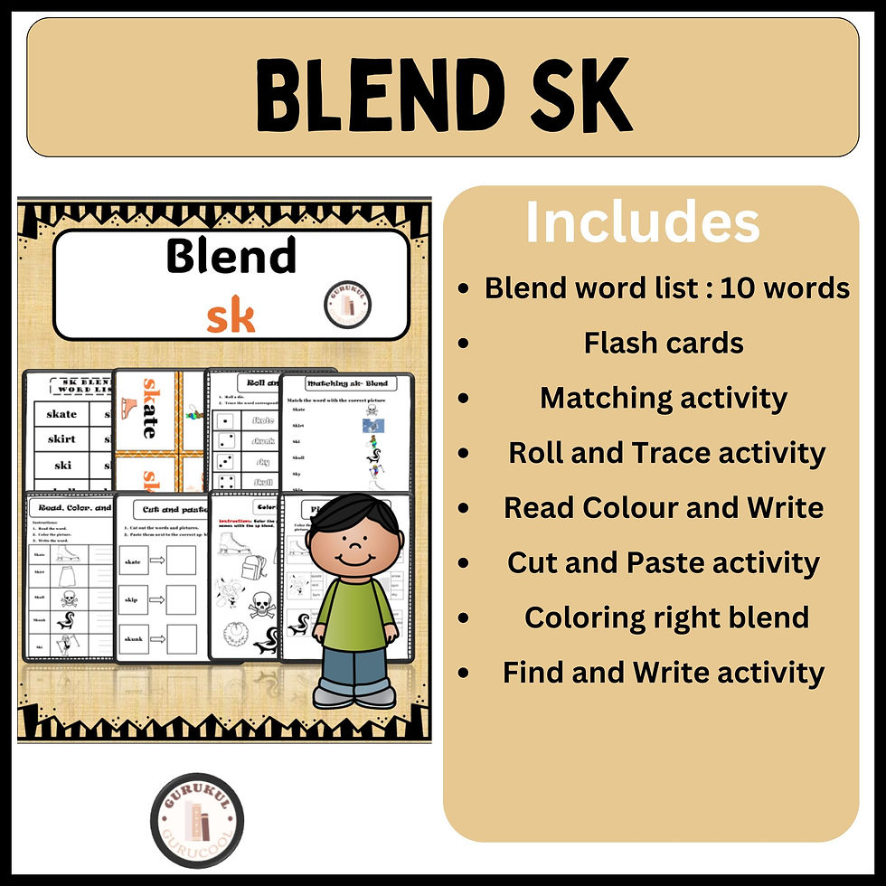 Educational poster for Blend SK featuring worksheets and activities like flashcards and matching. Smiling cartoon child on the right.