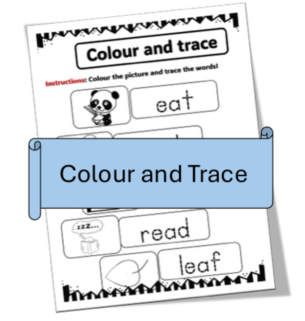 Coloring worksheet with panda and tracing words: "eat," "read," "leaf." Header and instructions in bold. Blue banner reads "Colour and Trace."