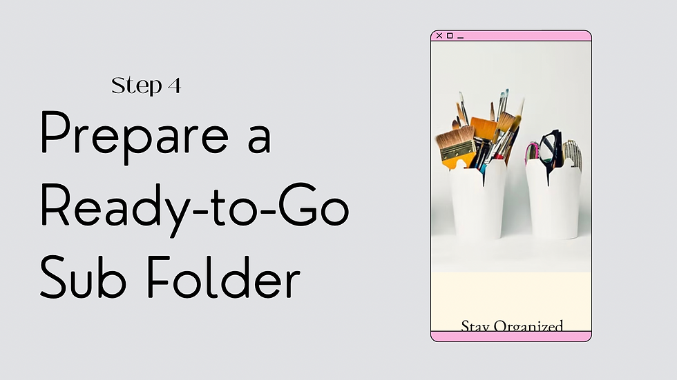 Step 4 text with white cups holding brushes and tools, set in a pink-bordered window. Background is light gray and text reads "Stay Organized."