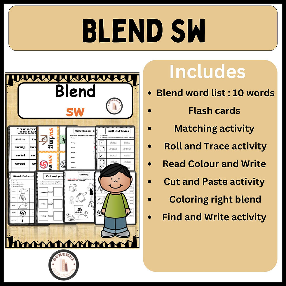 Blend SW educational poster with a cartoon child and activity sheets. Includes flashcards, matching, trace, and coloring activities.