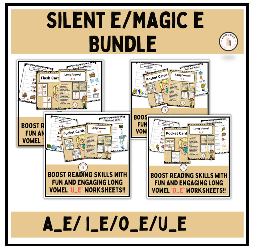 Silent E/Magic E Bundle ad featuring flash and pocket cards for long vowels. Beige and white design with engaging visuals and text.