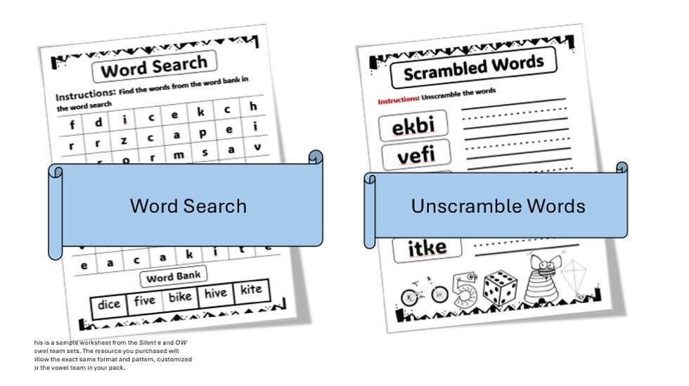 Two worksheets with banners: "Word Search" featuring a grid and word bank, and "Unscramble Words" with scrambled letters. Black and white design.