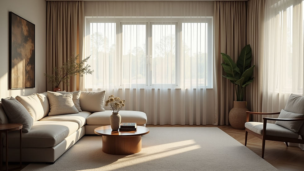 Eye-level view of a well-staged living room with natural light