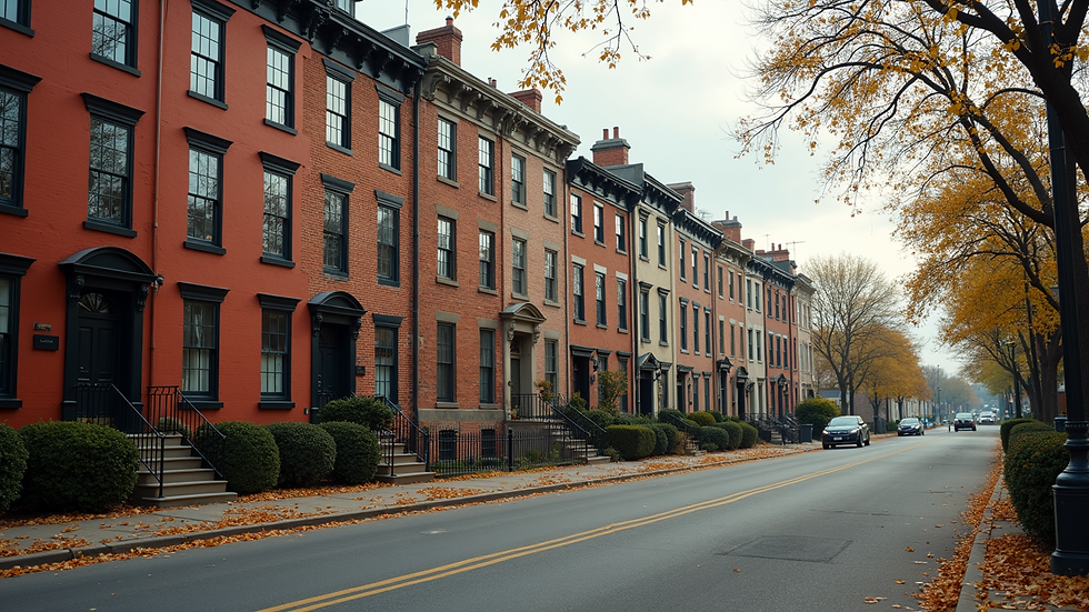 Wide angle view of a charming Philadelphia neighborhood street with row houses
