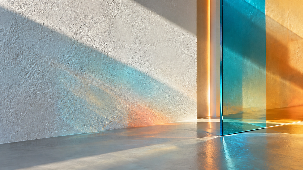 Blue daylight and warm artificial light interacting across textured architectural surfaces
