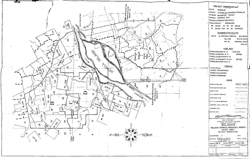 Gentle readers, if you enlarge this map of the TNT zone, you can see in the lower right corner, the words, Bagnell Page Weldon Springs Transmission Line Segment F. Look above that and find the power line marked intermittently with the letter P.. Now look near the top right and see the words, Babler Weldon Springs Transmission Line. Again, you can see the intermittent P on the line. Apparently, the ordnance plant had 2 auxiliary power sources.