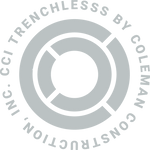 Light blue brandmark with words 'CCI Trenchless by Coleman Construction, Inc.' in circle