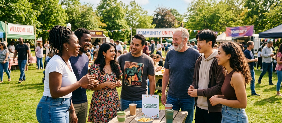 Diverse group at an outdoor community gathering, smiling and engaging in conversation, sunny, inclusive vibe