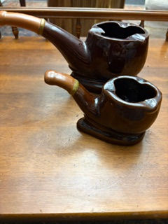 Thumbnail: Vintage 1960's Ceramic Glazed  Pipe Ashtray  Set - Large 9" and Small Matching 