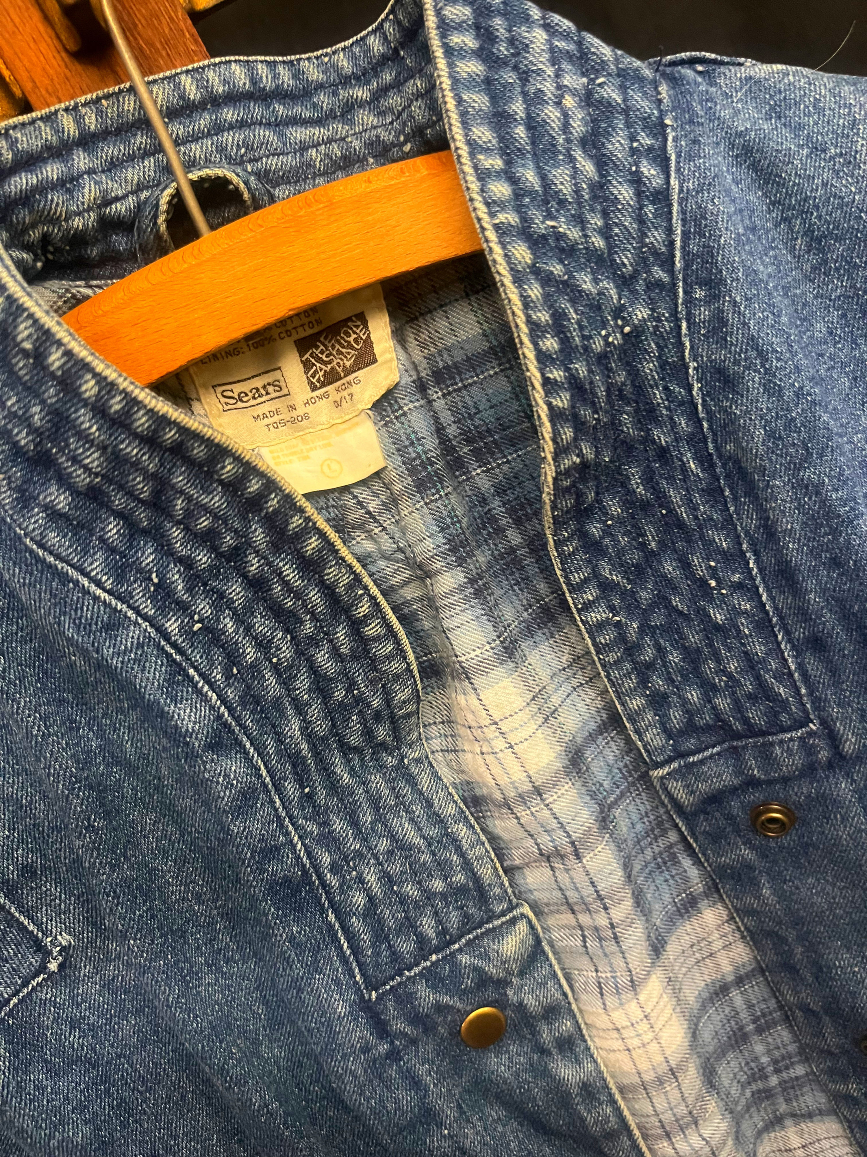 Vintage 80s Sears The Fashion Place Denim Jacket Plaid Lined Puff Sleeve