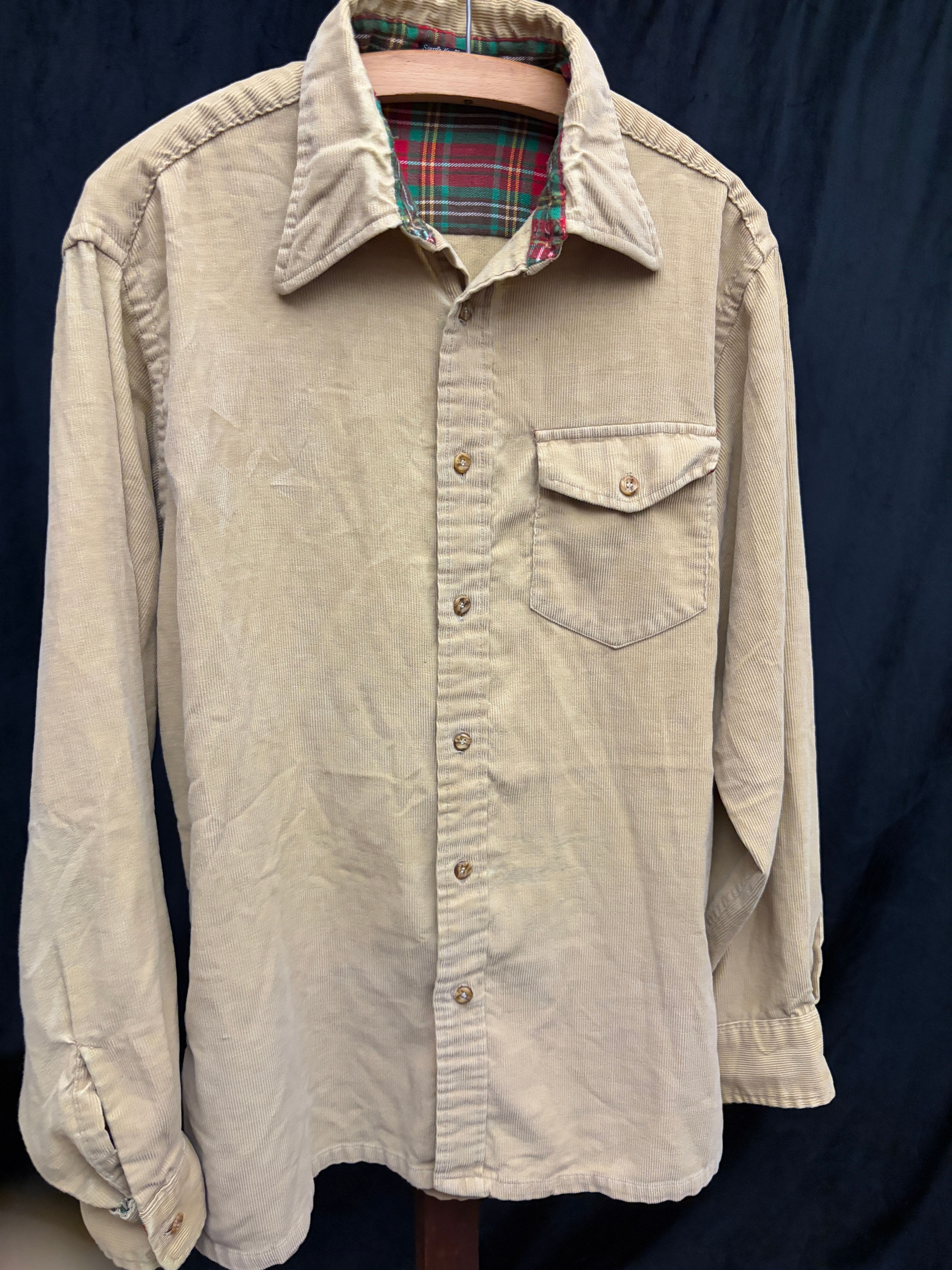 Vintage  70s Single Needle Sleeving Tan Corduroy Plaid Shirt Jacket | Size M 