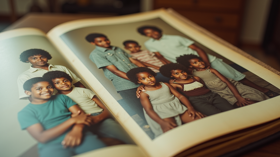 Close-up view of a vintage family photo album showing Black family portraits from the 1970s