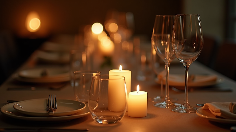 Close-up view of a candlelit dinner table set for two