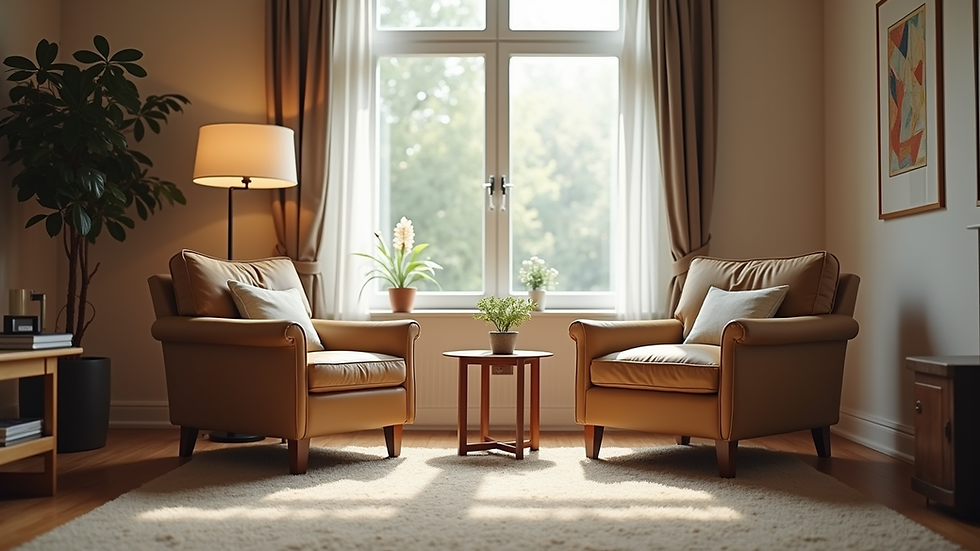 Eye-level view of a cozy living room with two chairs facing each other