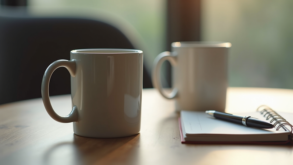 Close-up view of two coffee mugs on a table with a notebook and pen