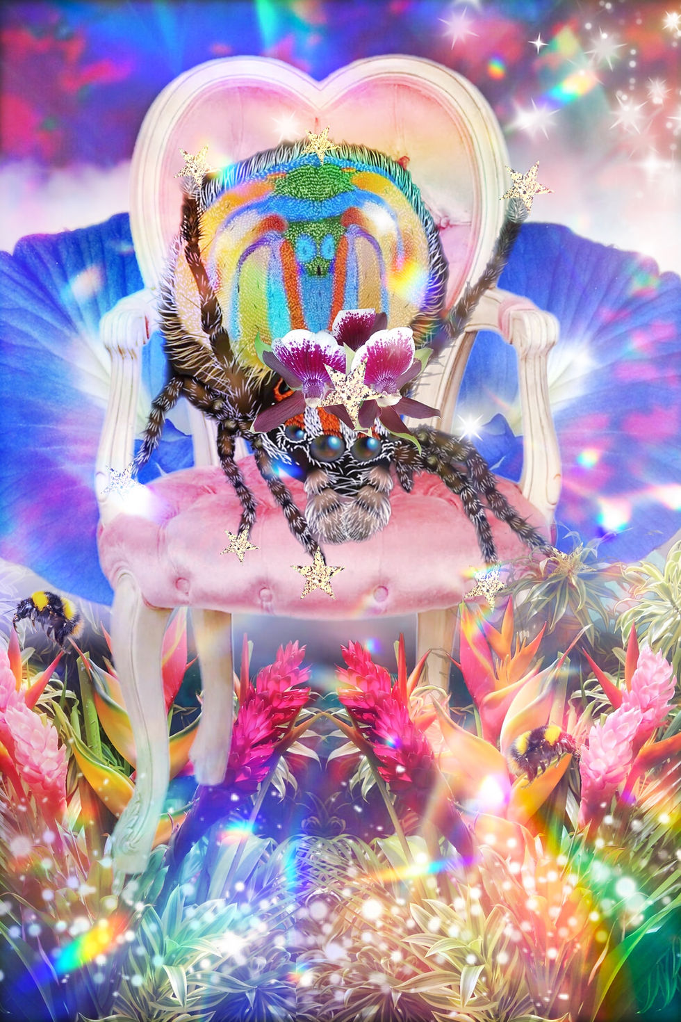I chose this gorgeous spider as my empress because I think spiders are little witches. She’s seated on her velvet “throne” surrounded by a jungle of thriving plant life, The light represents the energy of love, the magic of the empress and the kaleidoscope imagery amplifies her spell! The colors are deep jewel tones to represent the opulence and riches of the jungle that she protects. Her crown is an orchid, representing fertile energy.
