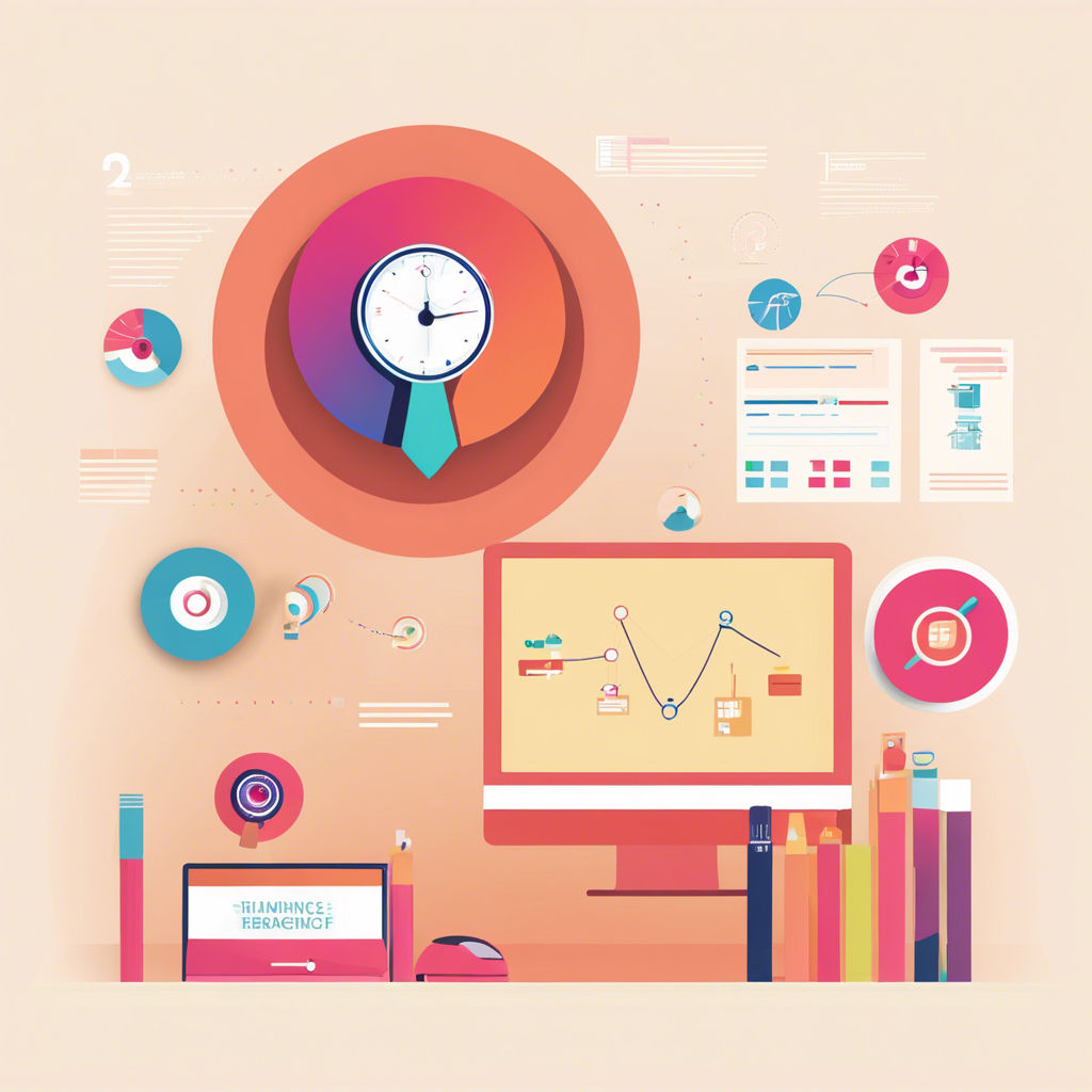 A desk with a laptop and abstract clock above that resembles a tie