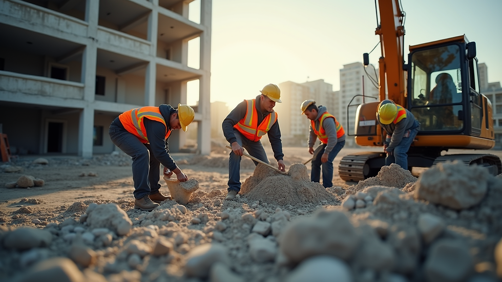 Eye-level view of a construction site with workers collaborating on a project