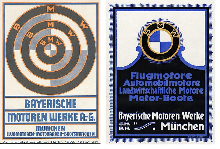 Left: This was the emblem that BMW used to present itself at the motor show in Berlin in 1924. Right: In the early years, BMW produced engines for a wide range of applications: aircrafts, automobiles, agricultural equipment and boats.