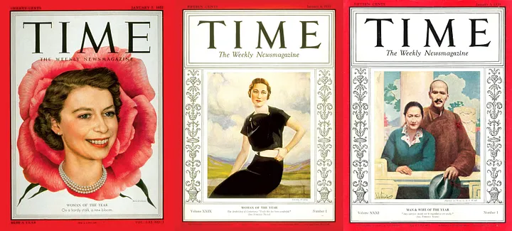 Left: Queen Elizabeth II in 1952; Middle: Wallis Simpson in 1936; Right: 宋美齡