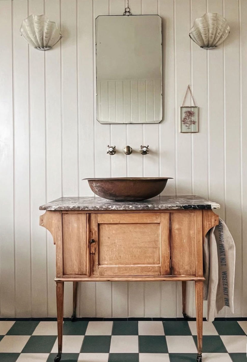 Downstairs toilet with upcycled vanity cabinet