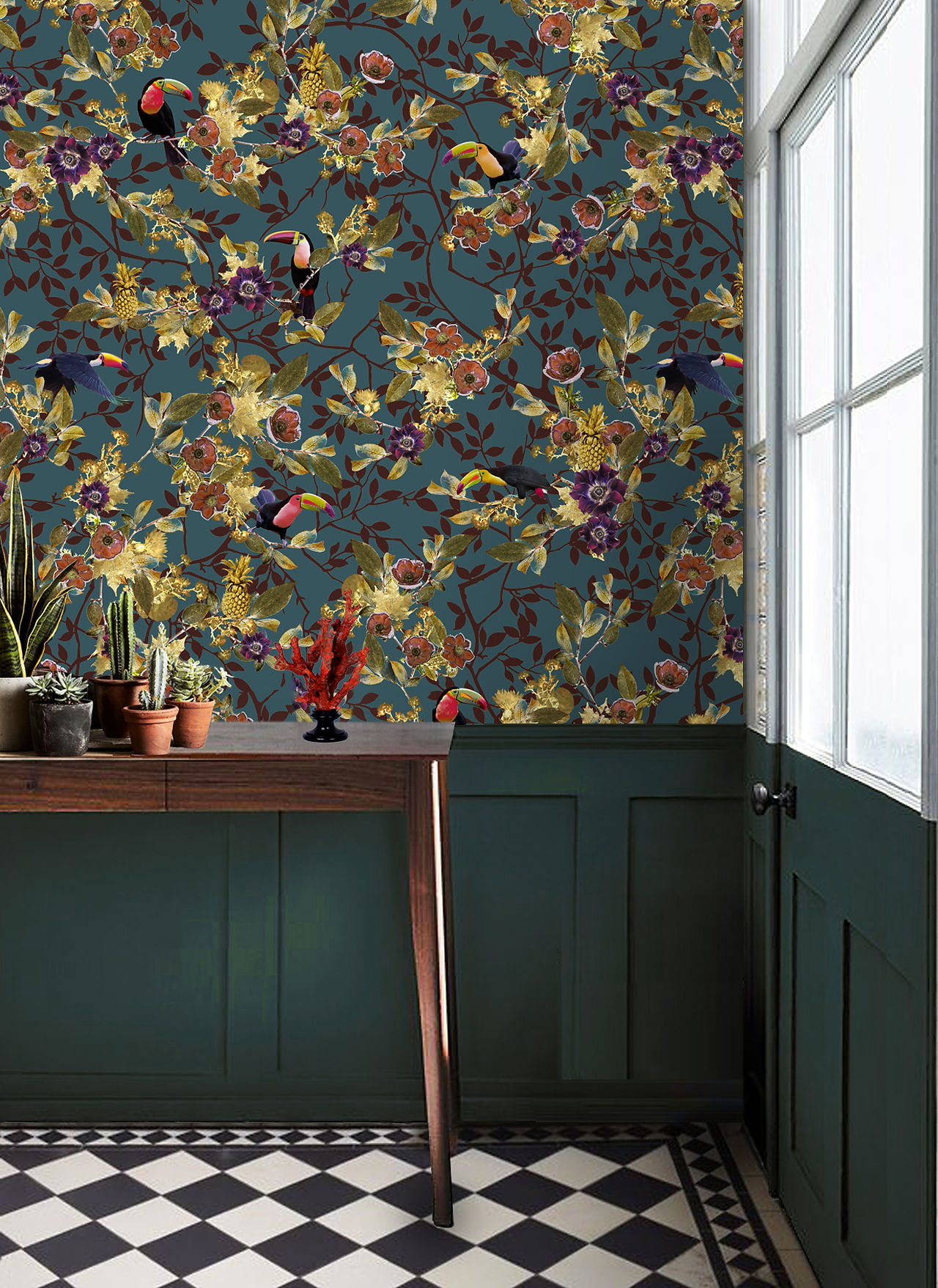 Tropical toucan wallpaper in teal blue by Good & Craft