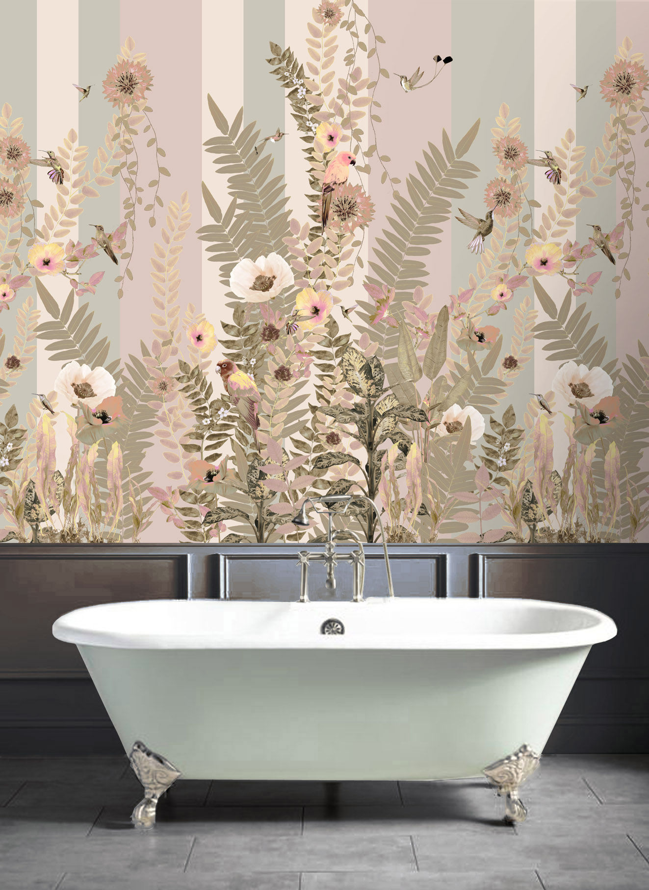 Tropical parrots wallpaper by Good & Craft in sophisticated bathroom setting