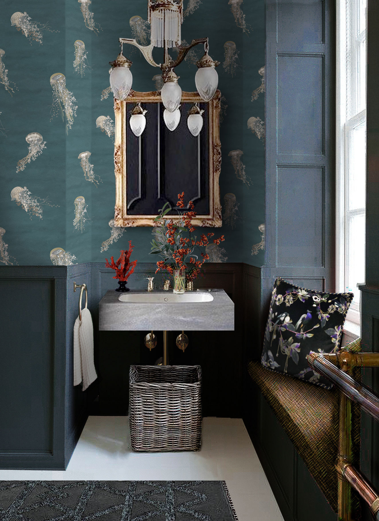 Blue wallpaper with coastal jellyfish pattern by Good & Craft