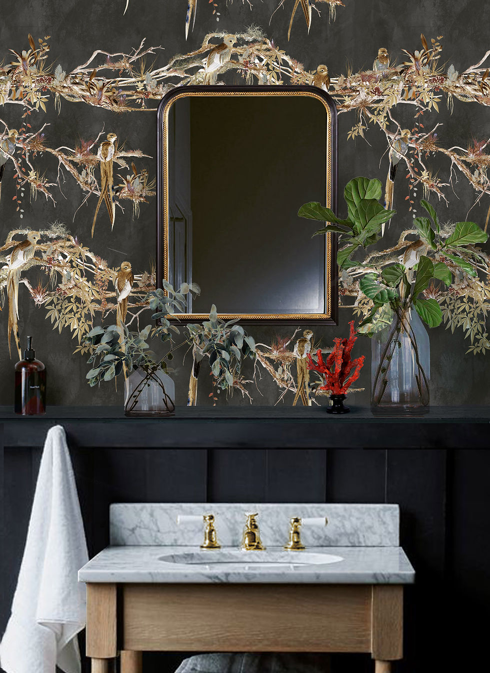 Dark Chinoiserie wallpaper in bathroom