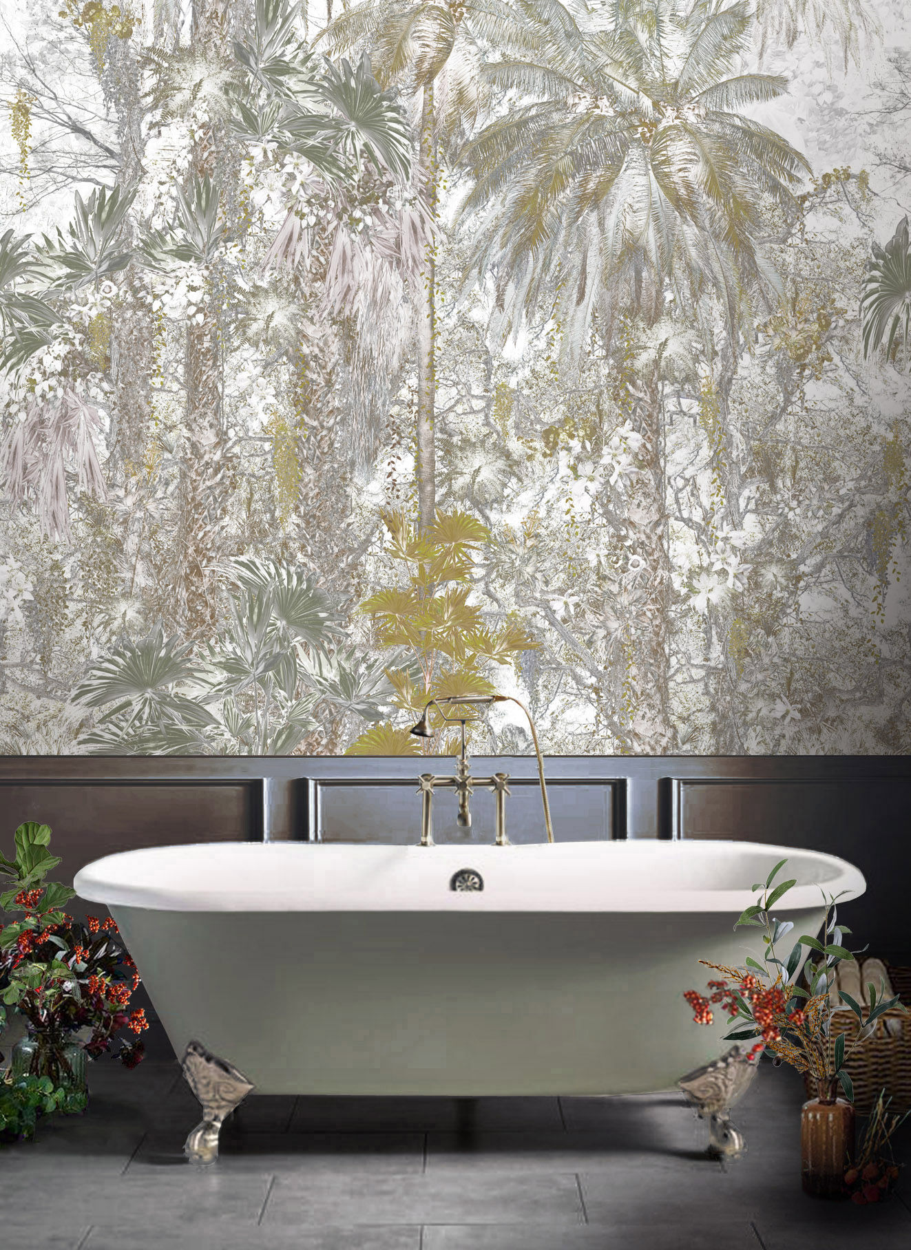 Jungle Mural wallpaper with palm tree print by Good & Craft in a bathroom setting
