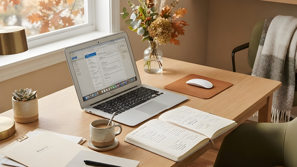 Organised autumn workspace with laptop, planner and checklist for an end of year business review.