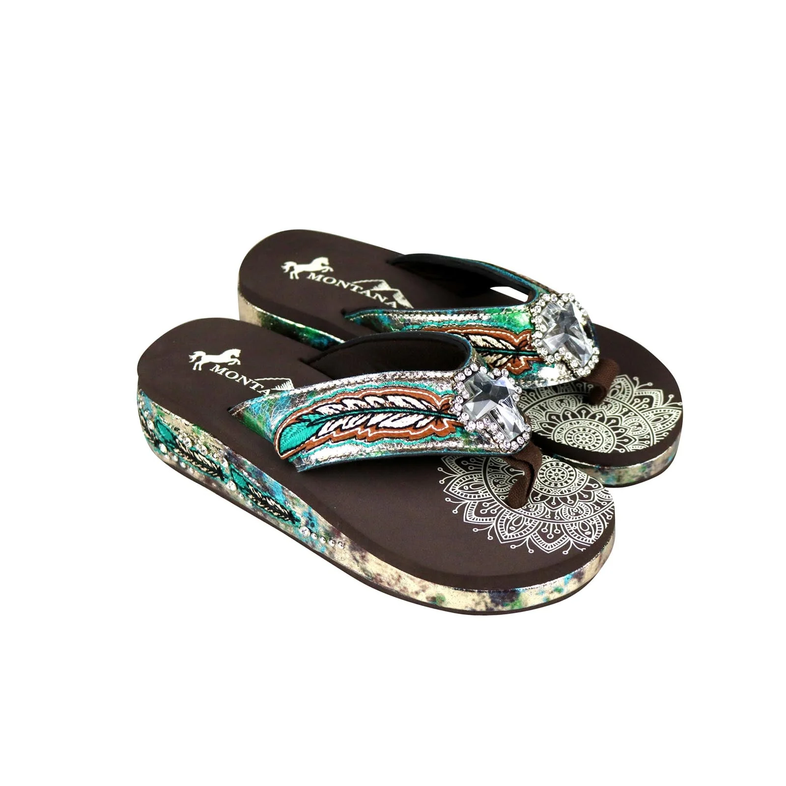 flip Flops - Black and Turquoise with feather and Cross
