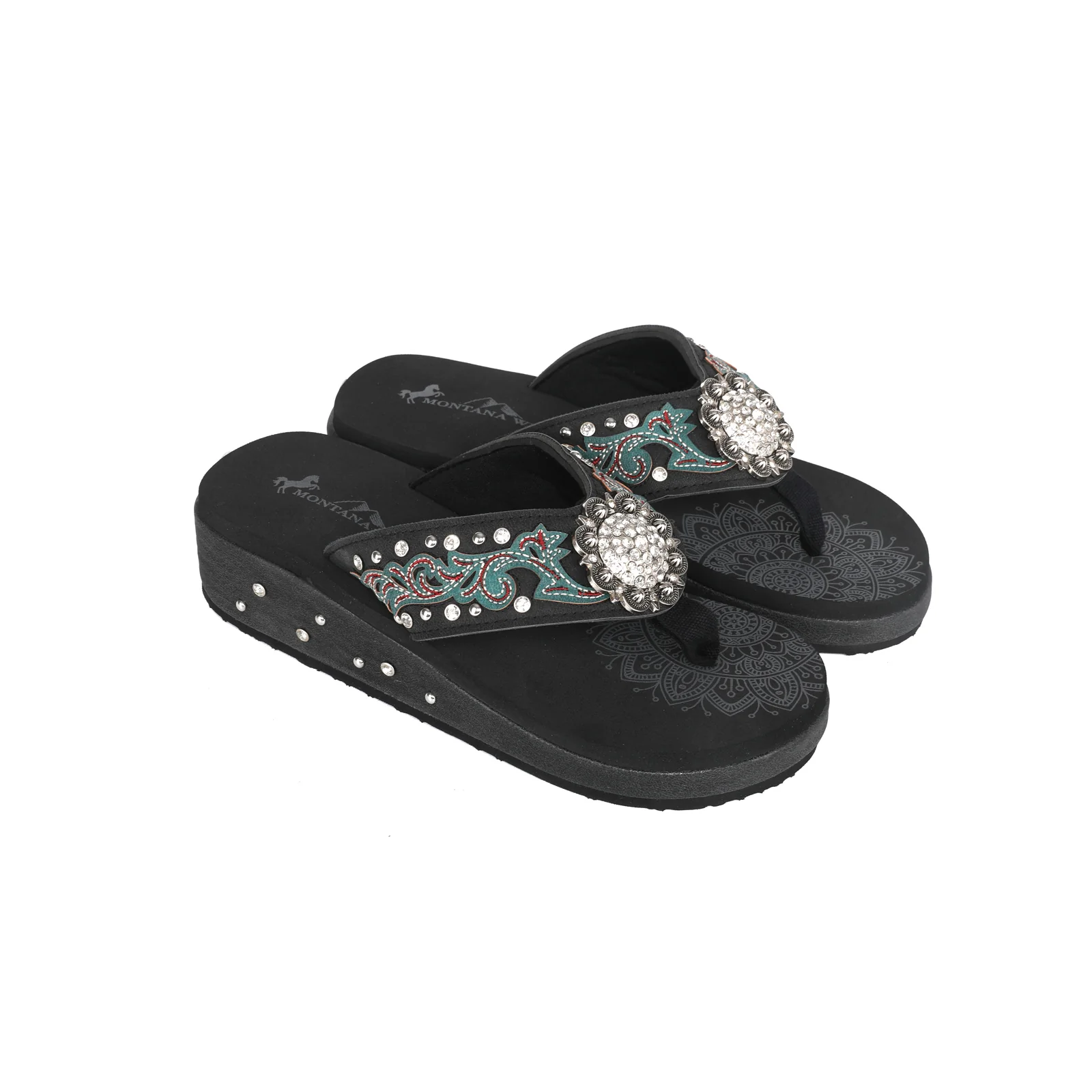 Flip Flops - red and black with rhinestone concho