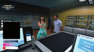 A woman in a floral dress holding money at a supermarket checkout. A man in a striped shirt is behind her. Cash register screen and shelves visible. The writer's streaming camera view is off.