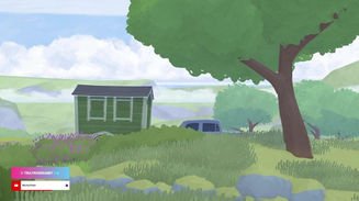 image shows the top of a blue car towing a green camper through a countryside. A tree, bushes, purple flowers and rocks are in the foreground. Clouds and rocks surrounded with fog are in the background.