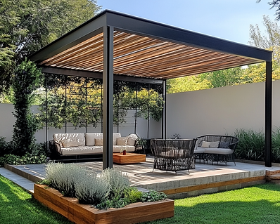 Inviting patio with a stylish cover providing shade for outdoor dining.