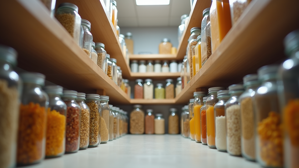 Eye-level view of a clean and organized pantry with sealed containers