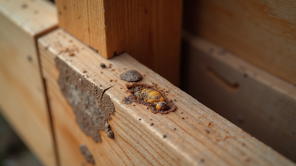 Close-up view of termite damage on wooden beam