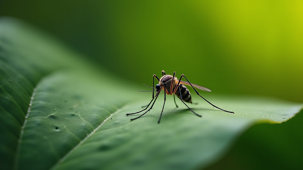 Eye-level view of a mosquito resting on a green leaf
