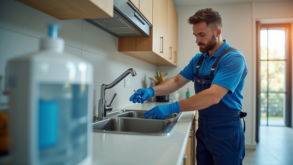 Eye-level view of a technician installing a water purifier in a kitchen