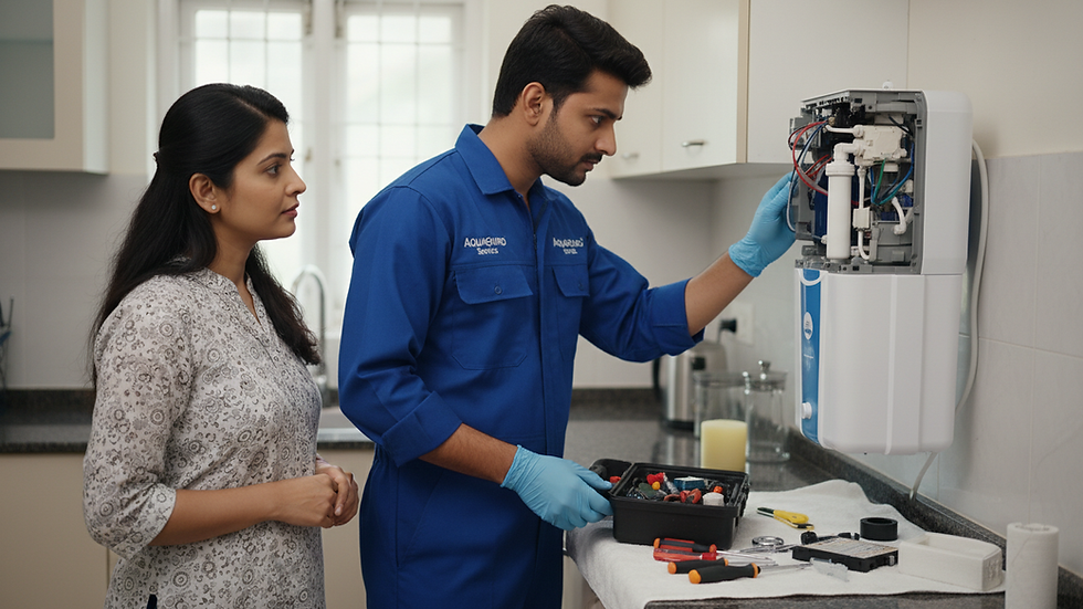 Eye-level view of technician repairing Aquaguard water purifier at home