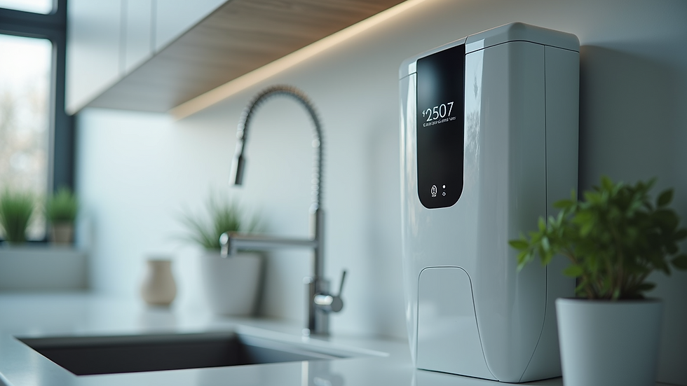 Close-up view of a modern water purifier installed in a kitchen