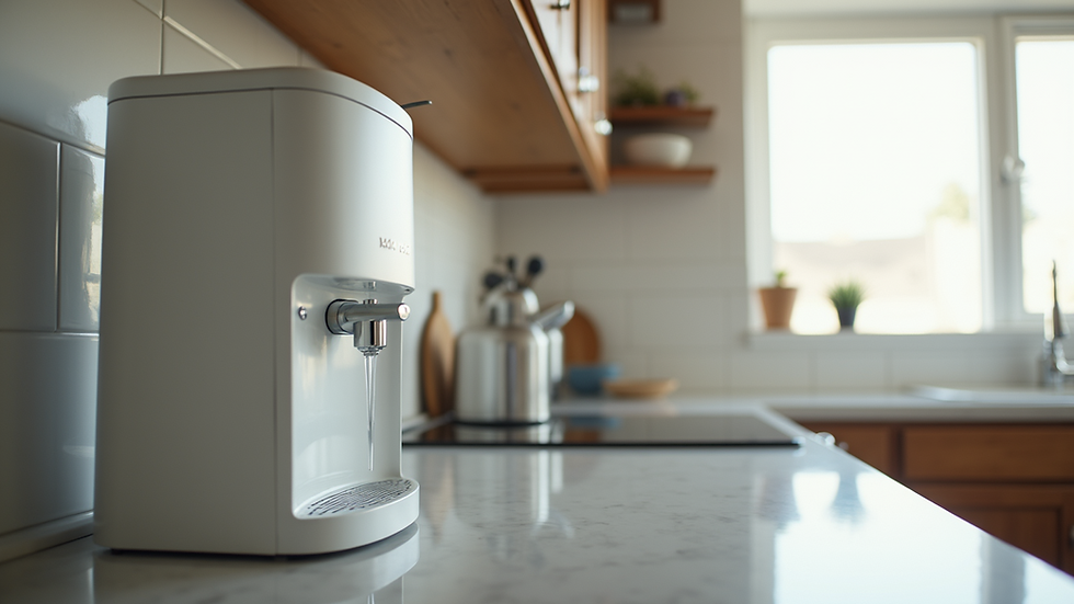 Eye-level view of kitchen countertop with AO Smith water purifier installed