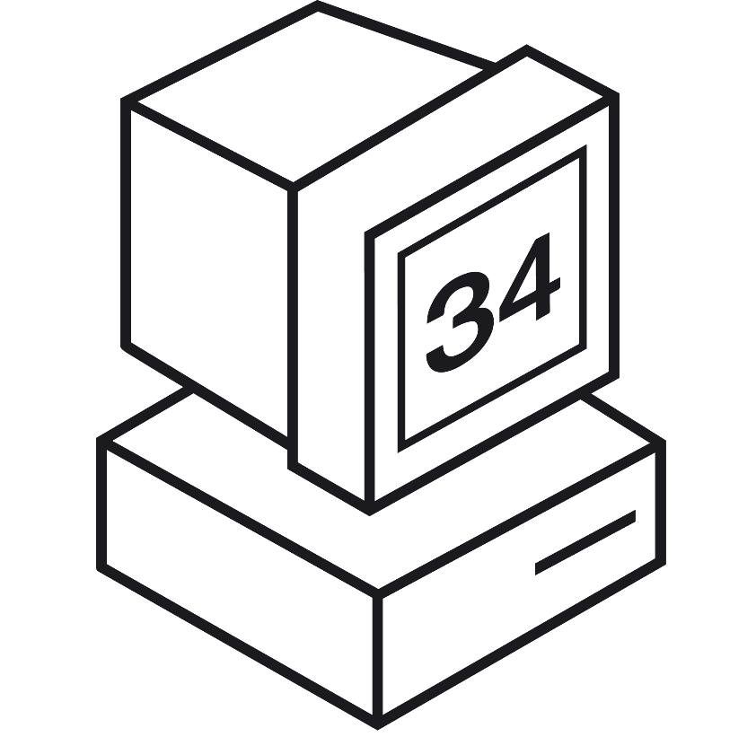Logo de terminal 34, representado en una computadora desktop que en su pantalla dice el número 34.
