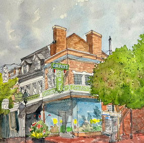 watercolor painting of goolricks on fredericksburg main streeet